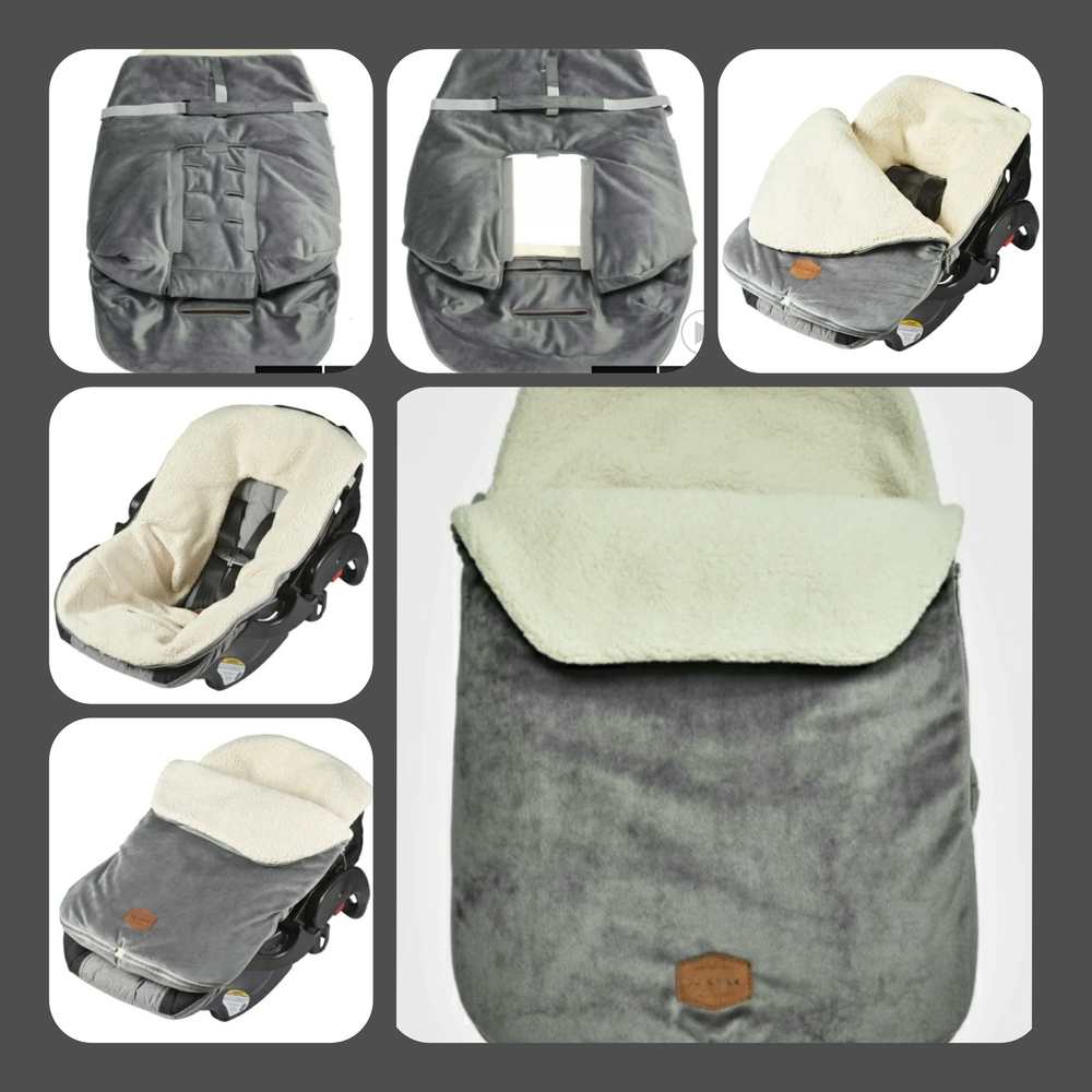 JJ Cole Gray Plush Infant Car Seat Footmuff with Cream Sherpa Lining